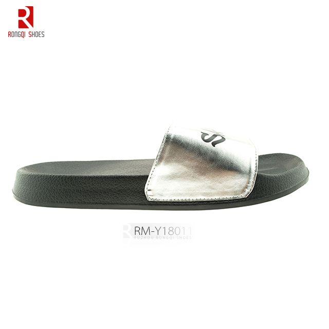 Custom logo printed shining PU men's PVC slide slippers