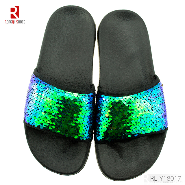 Sequins embroidered PVC slide slippers for ladies