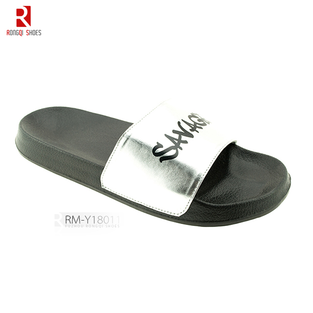 Custom logo printed shining PU men's PVC slide slippers