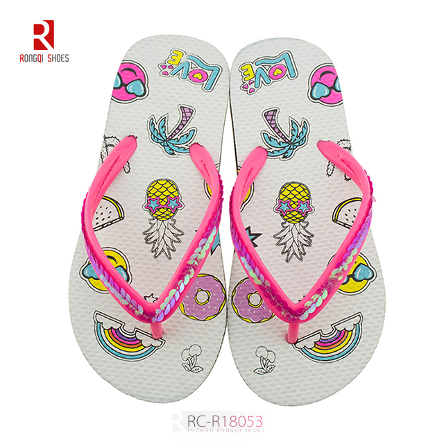 Wholesale girl's customized flip flops with beads thong PE outsole